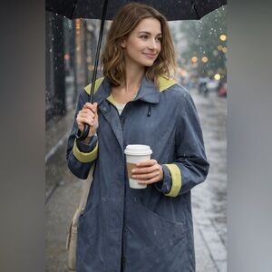 Bernardo Slate Blue Lightweight Hooded Rain Jacket Contrast Lining Small